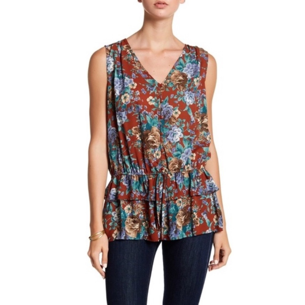Pleione Sleeveless Ruffle Peplum Floral Blouse